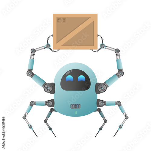 A small futuristic robot is holding a box. Cargo delivery concept. Isolated. Cartoon style. Vector