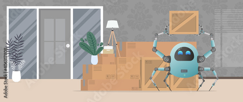 Moving home or office. A small futuristic robot is holding a box. Cartoon style. Vector