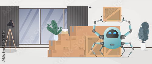 Moving home or office. A small futuristic robot is holding a box. Cartoon style. Vector illustration.