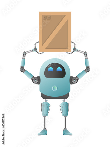 A small futuristic robot is holding a box. Cargo delivery concept. Isolated. Vector illustration.