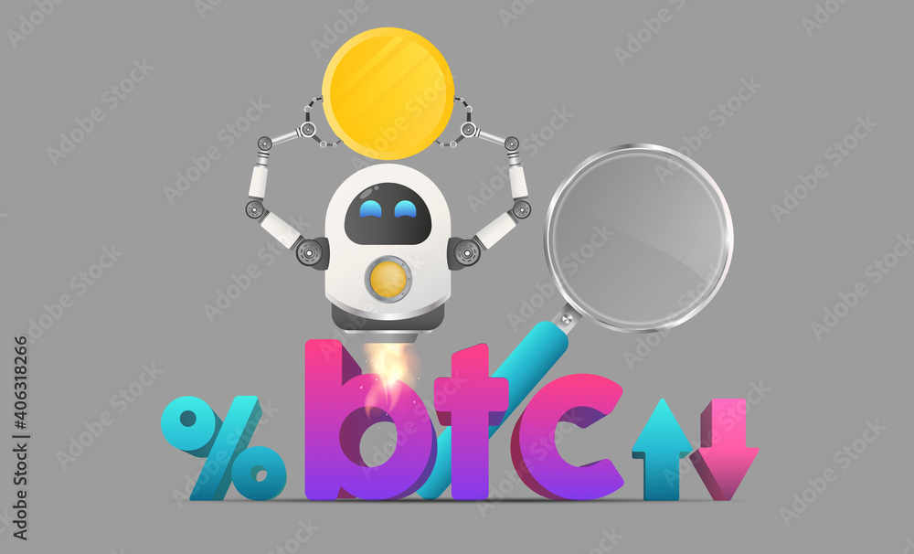 Investment and capital increase concept. Flying robot holding a gold coin against the background of the bitcoin sign. Vector. Investment and capital increase concept. Flying robot holding a gold coin against the background of the bitcoin sign. Vector.