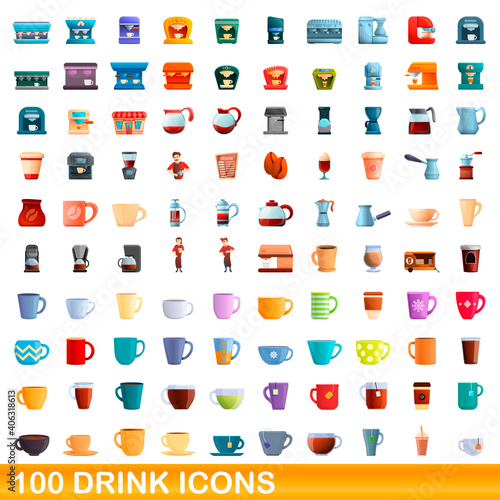 100 drink icons set. Cartoon illustration of 100 drink icons vector set isolated on white background © nsit0108