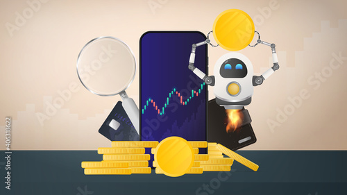 Flying robot holds a gold coin on the background of a mobile phone. Wallet, bank card, pile of coins, magnifier, financial chart. Business banner. Vector.