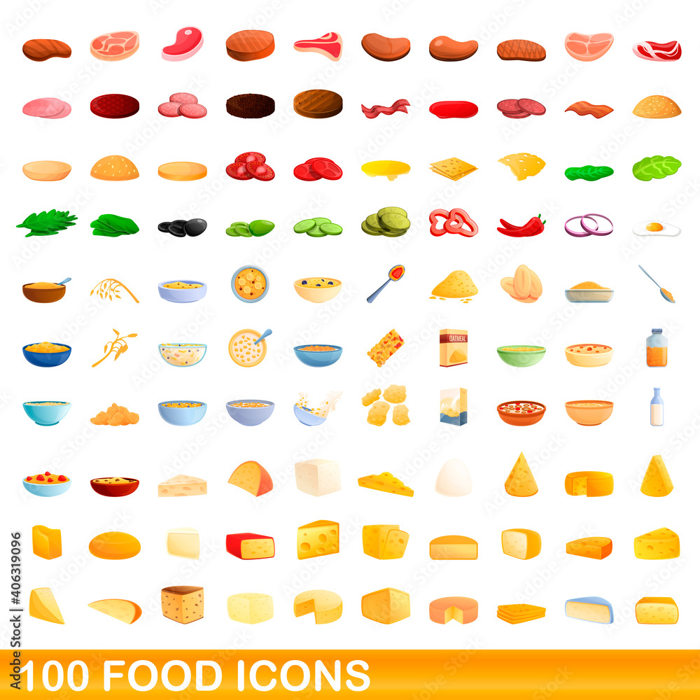 100 food icons set. Cartoon illustration of 100 food icons vector set isolated on white background