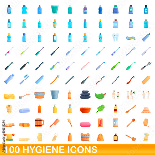 100 hygiene icons set. Cartoon illustration of 100 hygiene icons vector set isolated on white background