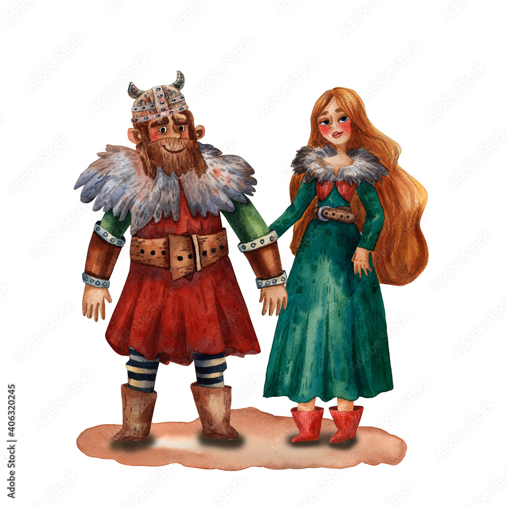Cartoon illustration of viking family. Portrait of man and woman. People in love. Ancient scandinavian family. Cute cartoon characters. Medieval viking people. Husbent and wife.