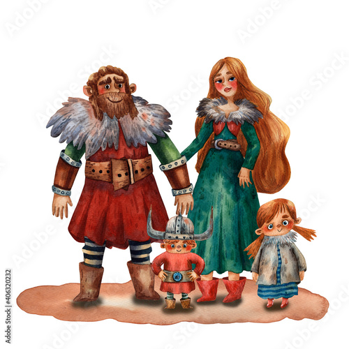 Cartoon illustration of viking family. Portrait of man, woman and children. Parenthood. Ancient scandinavian family. Cute cartoon characters. Medieval viking people. Husbent, wife, boy and girl.