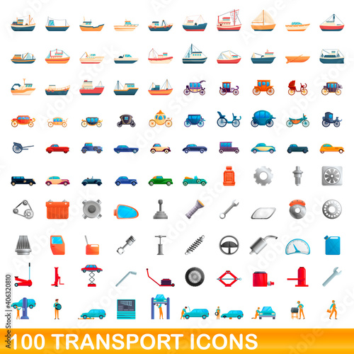 100 transport icons set. Cartoon illustration of 100 transport icons vector set isolated on white background