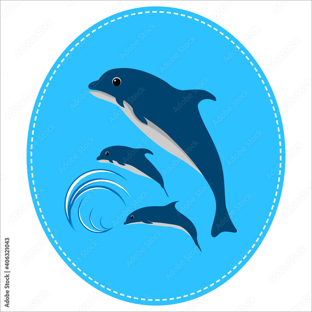Obraz premium cute dolphin fish happy jumping with wave in circle logo isolated white background vector illustration
