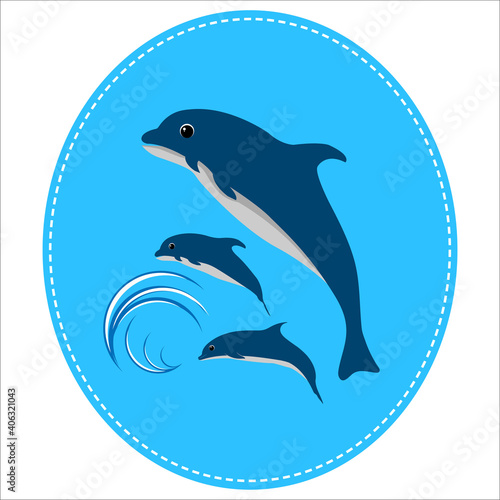 cute dolphin fish happy jumping with wave in circle logo isolated white background vector illustration