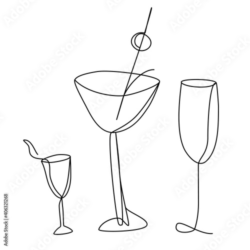 Continuous Line Drawing  champagne, martini glasses and shot glasses. Trendy one line draw design vector illustration