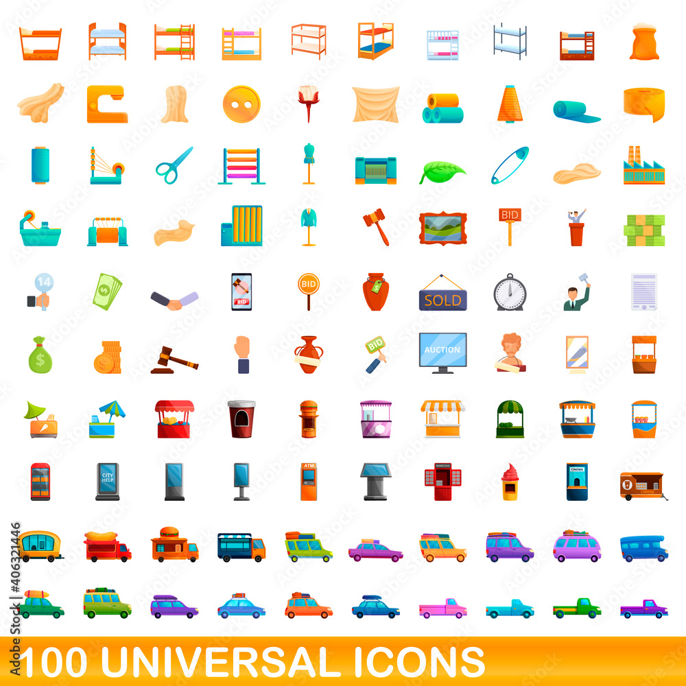 100 universal icons set. Cartoon illustration of 100 universal icons vector set isolated on white background 100 universal icons set. Cartoon illustration of 100 universal icons vector set isolated on white background