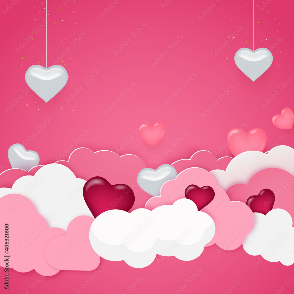 Lovely Valentine's day square background with lovely heart shapes and clouds. Bright pink background. Vector illustration seasonal template.