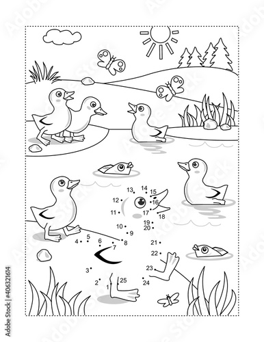 Ducklings at the pond full page connect the dots puzzle and coloring page, activity sheet for kids. Answer included.
