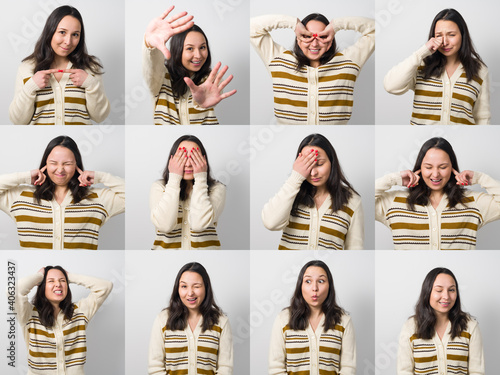A young woman girl posing with many different facial expressions. photo