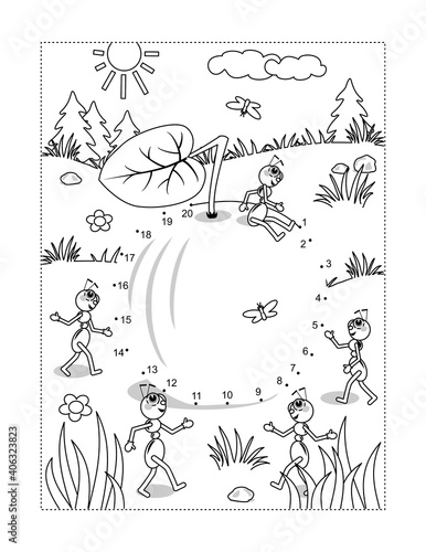 Apple and ants full page connect the dots puzzle and coloring page, activity sheet for kids. Answer included.
