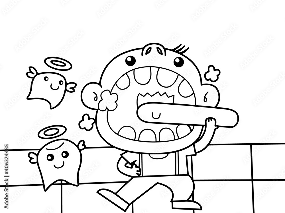 The boy stood brushing his with teeth with some tooth angels around The boy stood brushing his with teeth with some tooth angels around