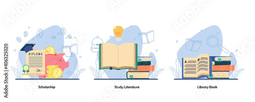 Diploma academic Achievement. Reading book, Book Collection icon set. Scholarship, Study literature, Library book. Vector flat design isolated concept metaphor illustrations