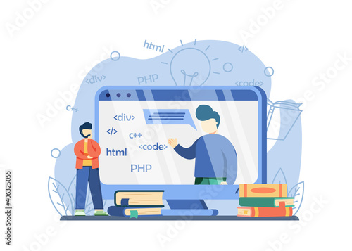 Online IT Courses Concept. students learn programming languages with teacher on screen. distance education, Internet learning, Computer programming. vector illustration for web banners, landing page