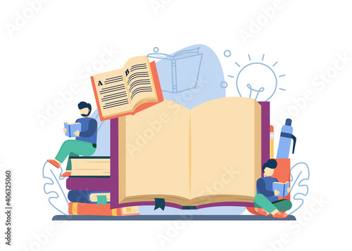 Reading Book concept. man reading book on stack of books.online books, Library,exam preparation, home schooling, Distance education. can be used for landing pages, web, banners, templates, backgrounds