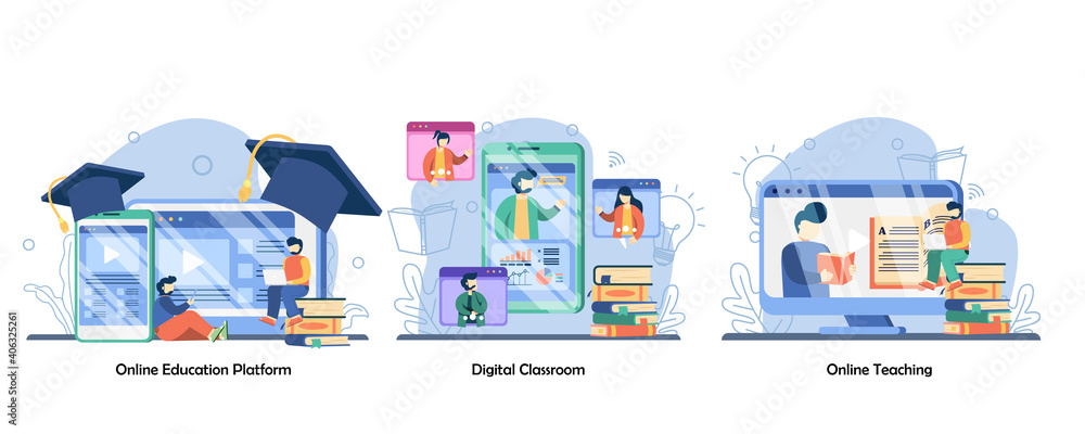 Professional personal teacher, distance education, digital classroom icon set. Online education platform, digital classroom, online teaching. Vector flat design isolated concept metaphor illustrations