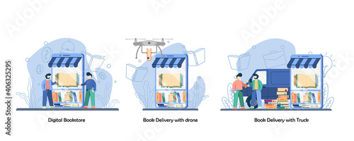 Online Shop, delivery order, online book icon set. Digital bookstore, book delivery with drone, book delivery with truck.Vector flat design isolated concept metaphor illustrations