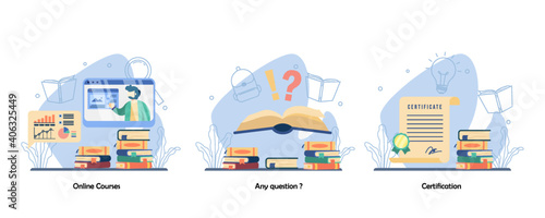 Online Webinar, Q and A, academic achievement icon set. Online Courses, Any Question, Certification. Vector flat design isolated concept metaphor illustrations