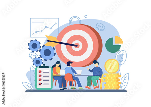 Business strategy concept. people discuss business strategy with big target. Business idea, strategy and solution, problem solving, decision making. Graphic design for web, mobile apps, banner.