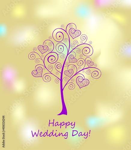 Golden greeting wedding card with decorative violet tree with hanging hearts