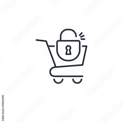 Trolley and lock. Open Market . Vector linear icon isolated on white background.