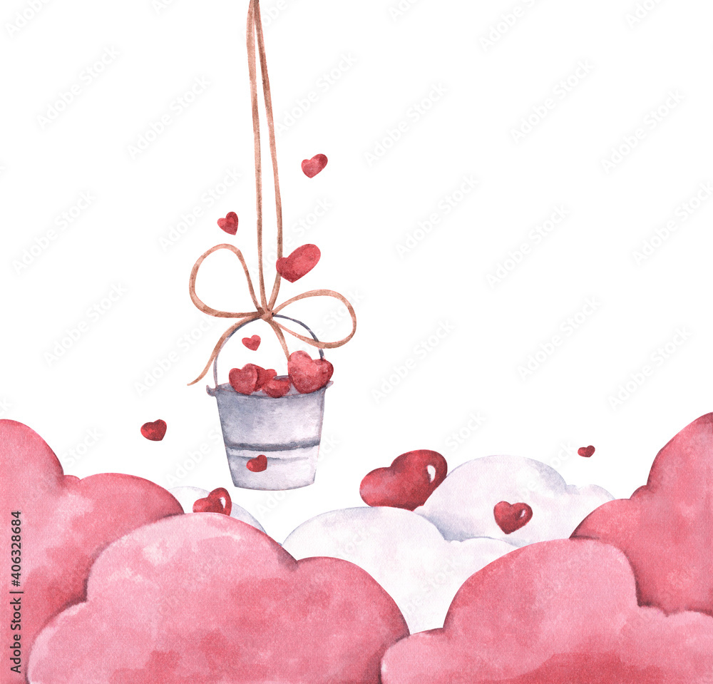 Bucket with hearts hanging on rope with pink clouds. Illustration of love and valentine day. Watercolor illustration.
