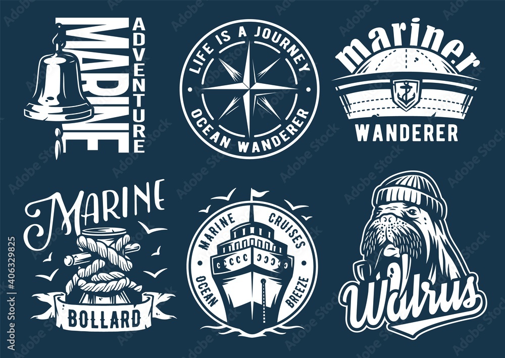 Fototapeta premium Marine print set with cap of walrus. Cruises, bollard and bell. Monochrome t-shirt nautical apparel design