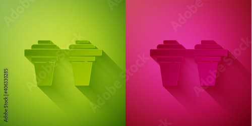 Paper cut Water filter icon isolated on green and pink background. System for filtration of water. Reverse osmosis system. Paper art style. Vector Illustration.