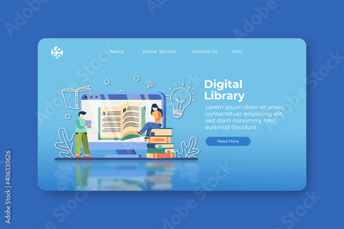 Modern Flat Design Vector Illustration. Digital Library Landing Page and Web Banner Template. E-Book, Encyclopedia, Study Literature, Learn anywhere, Distance Education, Book is Knowledge