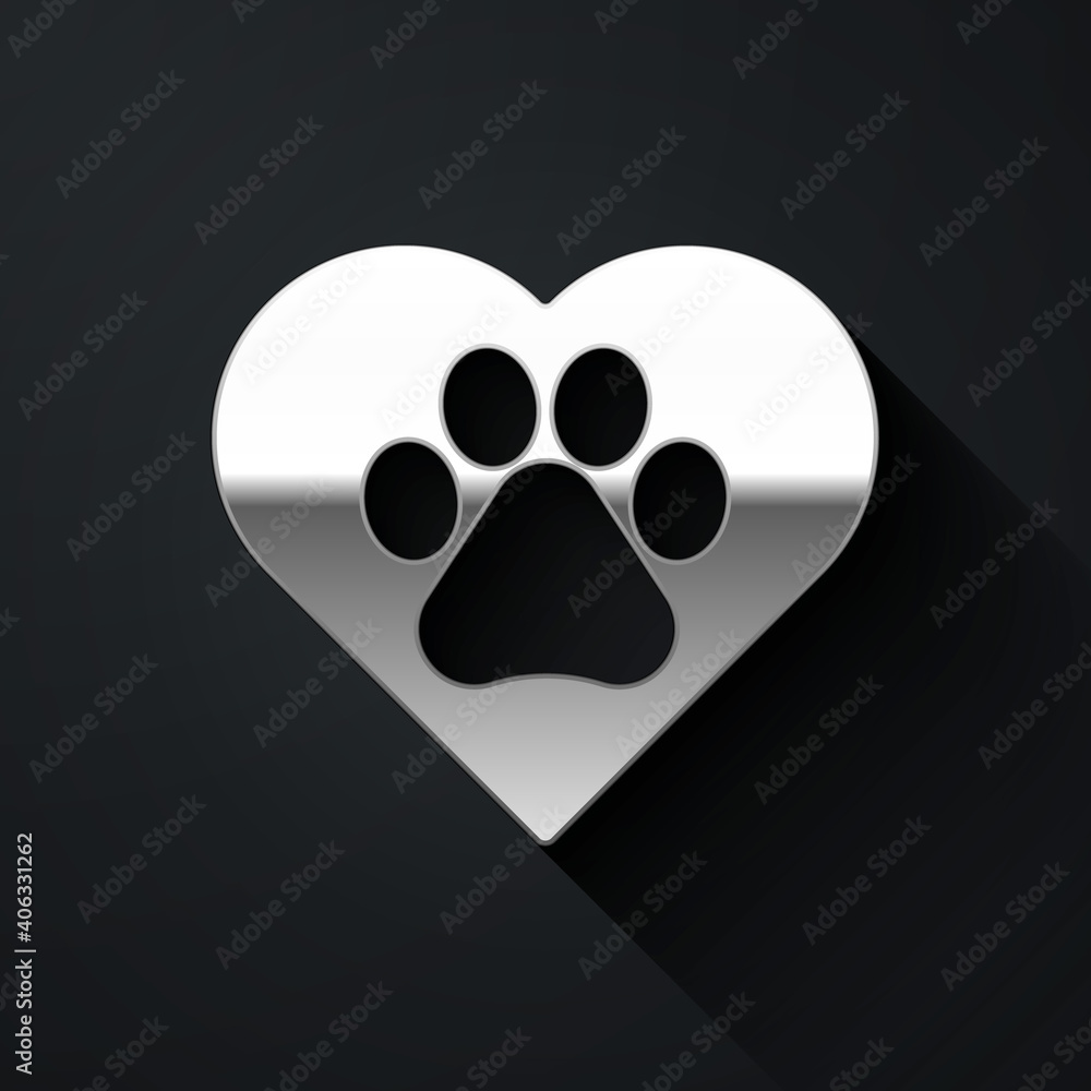 Silver Heart with animals footprint icon isolated on black background. Pet paw in heart. Love to the animals. Long shadow style. Vector. Silver Heart with animals footprint icon isolated on black background. Pet paw in heart. Love to the animals. Long shadow style. Vector.