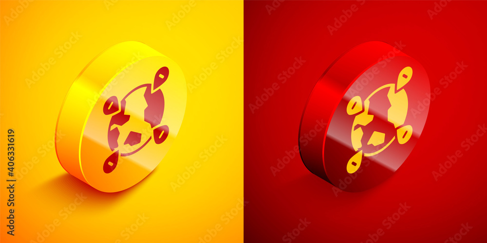 Isometric Location on the globe icon isolated on orange and red background. World or Earth sign. Circle button. Vector. Isometric Location on the globe icon isolated on orange and red background. World or Earth sign. Circle button. Vector.