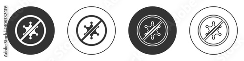 Black Protest icon isolated on white background. Meeting, protester, picket, speech, banner, protest placard, petition, leader, leaflet. Circle button. Vector.