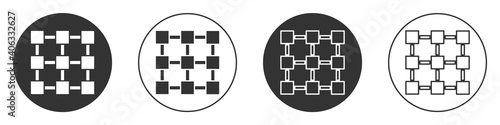 Black Blockchain technology icon isolated on white background. Cryptocurrency data. Abstract geometric block chain network technology business. Circle button. Vector.