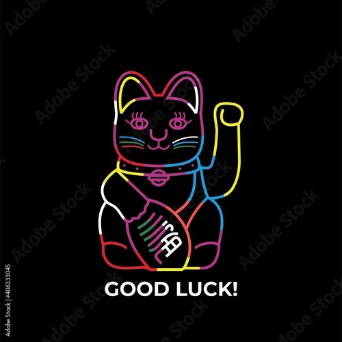 Maneki neko cat wishing good luck with raised paw. Cool smiling character and mascot bringing fortune and wealth. Vector line illustration and logo design template.