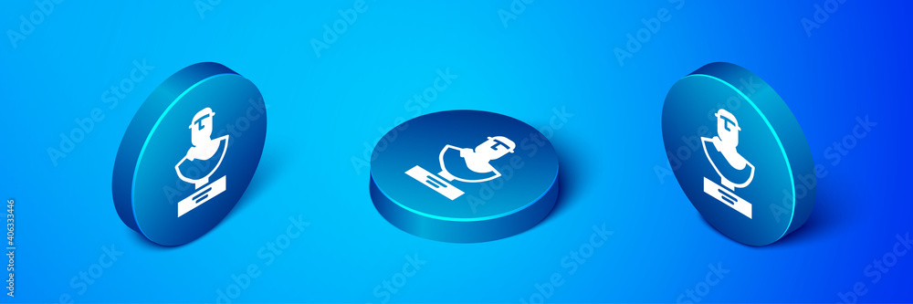 Isometric Ancient bust sculpture icon isolated on blue background. Blue circle button. Vector. Isometric Ancient bust sculpture icon isolated on blue background. Blue circle button. Vector.