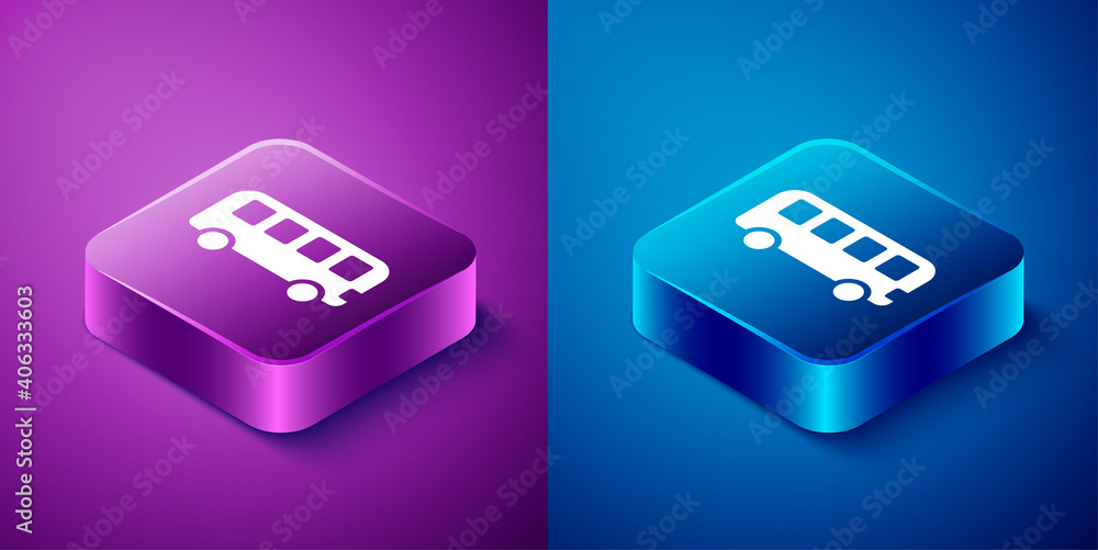 Isometric Bus toy icon isolated on blue and purple background. Square button. Vector. Isometric Bus toy icon isolated on blue and purple background. Square button. Vector.