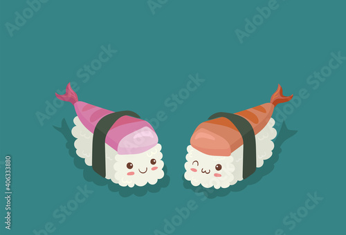 Kawaii Fish and Rice sashimi character faces smiling. Cute cartoon style asian food vector illustration isolated on white background. Japanese traditional dish characters with nori seaweed, seafood.