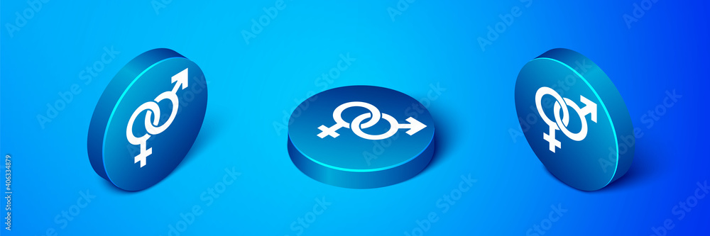Isometric Gender icon isolated on blue background. Symbols of men and women. Sex symbol. Blue circle button. Vector. Isometric Gender icon isolated on blue background. Symbols of men and women. Sex symbol. Blue circle button. Vector.