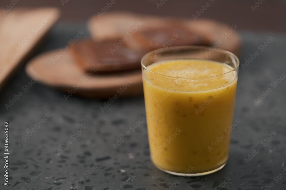Fresh mango lulo smoothie on kitchen countertop Fresh mango lulo smoothie on kitchen countertop
