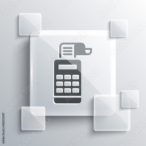 Grey Cash register machine with a check icon isolated on grey background. Cashier sign. Cashbox symbol. Square glass panels. Vector.