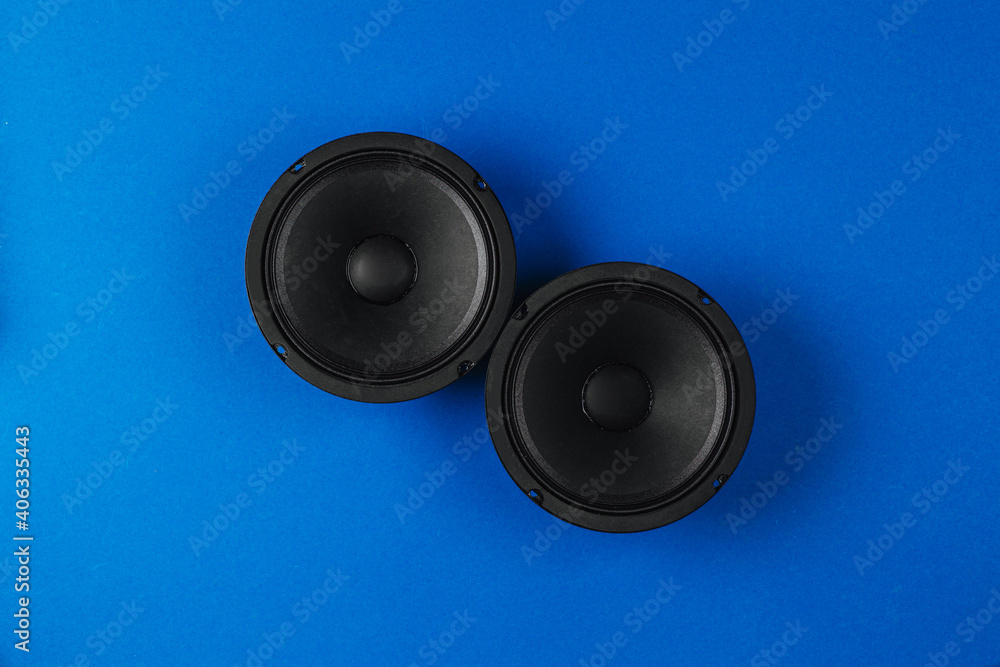 Car audio, car speakers, on a blue background. Car audio, car speakers, on a blue background.