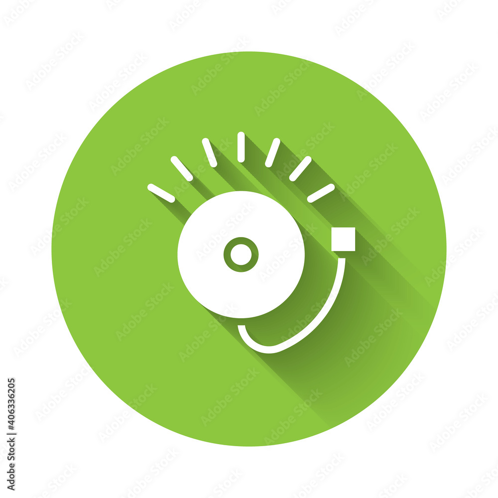 White Ringing alarm bell icon isolated with long shadow. Fire alarm system. Service bell, handbell sign, notification symbol. Green circle button. Vector. White Ringing alarm bell icon isolated with long shadow. Fire alarm system. Service bell, handbell sign, notification symbol. Green circle button. Vector.