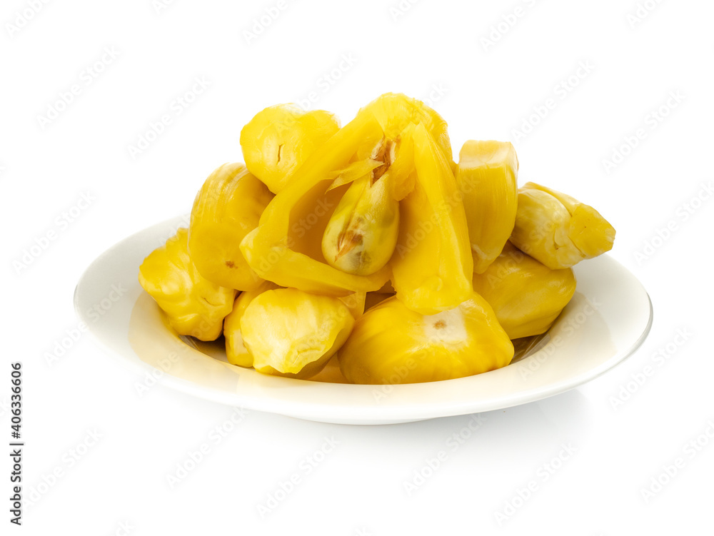 Fresh ripe jackfruit or sweet yellow jackfruit ripe, Kerala Jackfruit (Artocarpus heterophyllus) isolated on white background. Tropical Thai fruit. Fresh ripe jackfruit or sweet yellow jackfruit ripe, Kerala Jackfruit (Artocarpus heterophyllus) isolated on white background. Tropical Thai fruit.