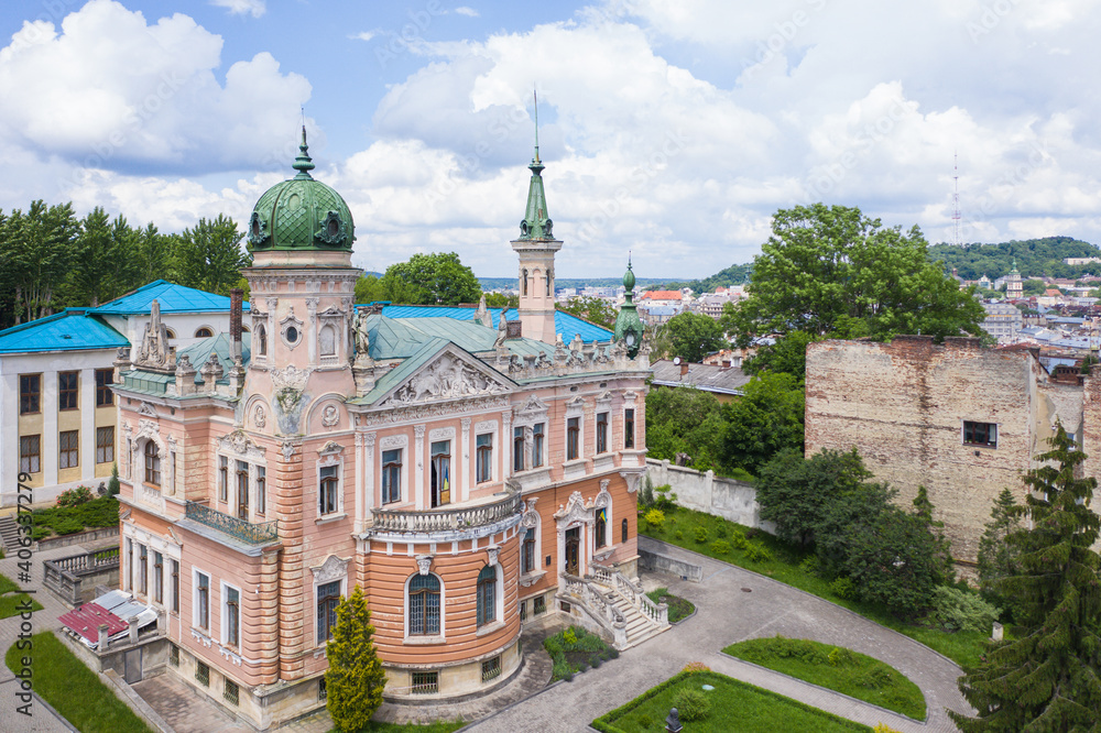 Aerial view on Lviv National Museum from drone. Dunikovsky palace