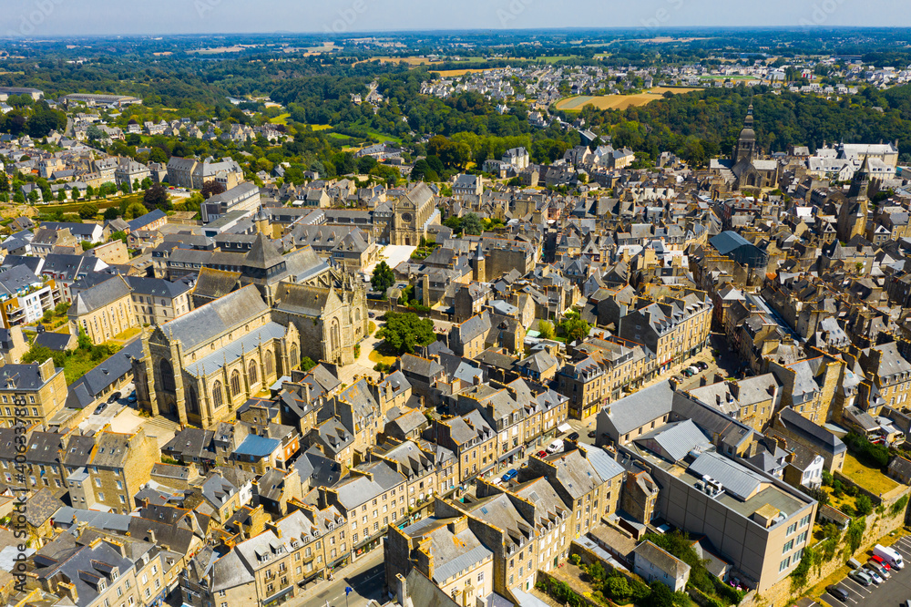 Urban aerial view of French town of Dinan at sunny summer day